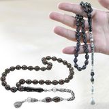 925 Ayar Gümüş Kral Zincir Püsküllü Gümüş-Mercan İşlemeli Arpa Kesim Erzurum Oltu Taşı Tesbih