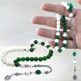 925 Ayar Gümüş Püsküllü Küre Kesim Yeşil Beyaz Jade Doğaltaş Taraftar Tesbih