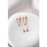 925 Ayar Gümüş Rose Kaplama 5 Mm Tektaş Sallantılı Zincir Baget Taşlı Tektaş Küpe