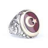 925 Ayar Gümüş Ve Bronz Oval Kırmızı Mineli Ay Yıldız Desenli Erkek Yüzük