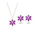 925 Ayar Lotus Çiçeği Ametist Taşlı Rose Kadın Kolye Küpe Set