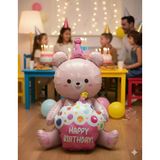 92x73 Cm – Folyo Balon Oturan Ayı Cupcakeli Pembe Parti ve Doğum Günü Balonu