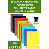 96 YAPRAK A4 TELLİ DEFTER 8 ADET 4 ÇİZGİLİ 4 KARELİ PLASTİK KAPAK