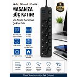 9İn1 3680W Anahtarlı 5 Soket 2 Usb 2 Type-C 2M Kablolu Hızlı Şarjlı Akım Korumalı Çoklu Priz