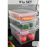 9'lu Kapaklı Buzdolabı Düzenleyici Set - Meyve Sebze Saklama Kabı Dolap İçi Organizer 3x 4-6-8 Lt Şeffaf