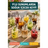 9'Lu Kavanoz Bardak 9'Lu Pipet Hediyeli Set Model Kokteyl Soğuk Kahve Meşrubat Bardak Seti 450 Ml