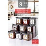 9'lu Set Etiketli, Kırılmaz Kare Erzak Saklama Kabı Antrasit X3 1,75 Lt/1,2 Lt/0,5 Lt