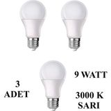 9W E27 LED Ampul 3000K Sıcak Sarı Işık (3 Adet)
