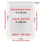9X15+5 Cm.(9X20) 250 Adet Şeffaf Bantlı Yapışkanlı Opp Poşet