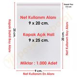 9X20+5 Cm. (9X25) 1.000 Adet Şeffaf Bantlı Yapışkanlı Jelatin Poşet