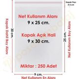 9X25+5 Cm.(9X30) 250 Adet Şeffaf Bantlı Yapışkanlı Opp Poşet