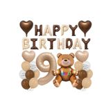 9Yaş Retro Ayıcık Kahverengi Folyolu Balon Happy Birthday Afiş Dekorasyon Doğum Günü Parti Seti Süsü
