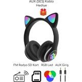 A Bass Kedili Kulaklık Bt Fm Radyo Sd Kart Aux Giriş Rgb Işıklı Kedili Kablosuz Kulaklık