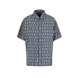 A | X ARMANI EXCHANGE Erkek Kısa Kollu All-Over Logo Denim Jakarlı Düğmeli Gömlek. Standart Kesim, İndigo Jakarlı, S