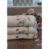 A.Z.H. (3.lü Set) 50X90 cm Kuş ve Çiçek Nakışlı Püsküllü Kadife Doku Lüks Havlu Seti - 50 x 90 cm - Krem