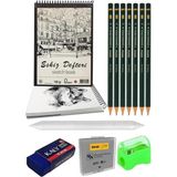A4 120 gr Eskiz Defteri Telli 7 Adet Dereceli Kalem Çizim Seti Pastel Dağıtma Silgi Karakalem Esk - Çok Renkli