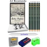 A4 120 Gr Eskiz Defteri Telli 7 Adet Dereceli Kalem Çizim Seti Pastel Dağıtma Silgi Karakalem Eskiz Seti Kalemtraş