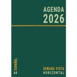 A4 Agenda 2026 Semana Vista Horizontal: Español Grande Verde , Planificador Semanal con Horas 12 Meses Anual Para Oficina , Enero a Diciembre