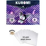A4 Boy Çıt Çıt Ödev Dosyası +10' Lu Poşet Dosya Kuromi Mor - 23,5x34 cm