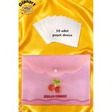A4 Boy Çıt Çıt Ödev Dosyası +10' Lu Poşet Dosya Pastel Renkler Pembe Kiraz Desen