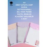 A4 Dikey Çıtçıtlı Zarf Dosya Üstten Kapaklı Bej-Mor-Pembe Pastel Renkler Klasöre Takılabilir 3 Adet