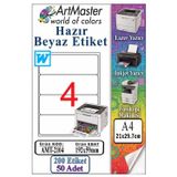 A4 Hazır Beyaz Etiket 192x59 mm 4 lü 50 Sayfa 1 Paket Kendinden Yapışkanlı Fotokopi Lazer İnkjet Kağıdı Yazıcılar