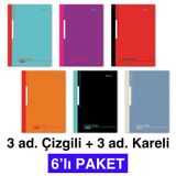 A4 Okul Defteri 6'Lı Paket 60 Yp. Dikişli 3 Çizgili+3 Kareli