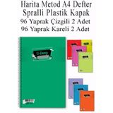 A4 Okul Defteri Spiralli Plastik Kapak 96 Yaprak Çizgili 2 Adet Ve 96 Yaprak Kareli 2 Adet Spralli Harita Metod