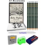 A5 120 gr Eskiz Defteri Telli 7 Adet Dereceli Kalem Çizim Seti Pastel Dağıtma Silgi Karakalem Eskiz Seti Kalemtraş - Siyah