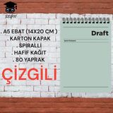 A5 14X20 cm Çizgili 80 Yaprak Üstten Açılır Karton Kapak Telli Hafif Kağıt 1.hamur Perfore Draft Ser Yeşil Tek Ebat Orta Boy Spiralli Çizgili Not Defteri Karton A5 80 Yaprak
