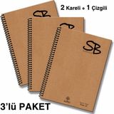 A5 3'lü Defter Seti (2 Kareli + 1 Çizgili) | 420 Sayfa | Kaliteli Hafif Kağıt | Kraft Kapak | Sp