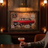 A567 Route 66 Kırmızı Klasik Araba Metal Kabartmalı Tablo Vintage Bar Ofis Duvar Dekoru Genç Odası