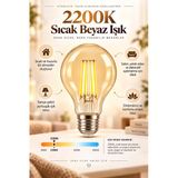 A60 Dimmerli Rustik Gün Işığı 2200K Amber LED Ampul Filament E27 Duylu Filamanlı Edison Ampül