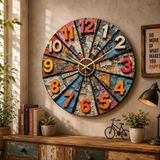 AA Shop Modern Ahşap Yuvarlak Duvar Saati 45 cm Renkli Baskı Desenli Sessiz Mekanizma ile