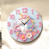 AA Shop Unicorn At Renkli Baskı Desenli Sayılı Hediyelik Ahşap Sessiz Tablo Duvar Saati