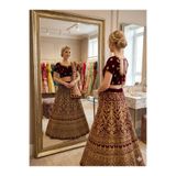 Aashiv's Collection Gelinlik Hint Lehenga Choli Takımı Bordo İşlemeli Bordo Tek Ebat