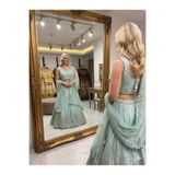 Aashiv's Collection Gelinlik Hint Lehenga Choli Takımı,Turkuaz İşlemeli Turkuaz Tek Ebat