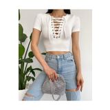AB LOOKS Kadın Beyaz Kuşgözü Detaylı Yakası Bağcıklı Scuba Kısa Kollu Crop Bluz