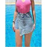 AB LOOKS Kadın Mavi Yandan Bağlamalı Kapaklı Denim Şort Etek %100 Pamuk Kot Yeni Sezon Jean Mini Şort Etek