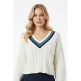 Abay Butik Kadın V Yaka Şerit Detaylı Oversize Crop Kazak - Ekru - Standart