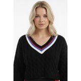 Abay Butik Kadın V Yaka Şerit Detaylı Oversize Crop Kazak - Siyah - Standart
