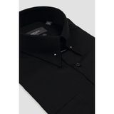 Abbate Pino Saten %100 Pamuk Slim Fit Siyah Iğneli Yaka Erkek Düz Gömlek - 2XL