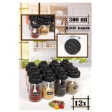 abenim 12 Adet Mat Siyah Kapaklı Kendinden Kaşıklı Baharatlık Seti - 330 ml - Cam Kavanoz