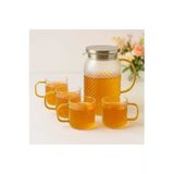 Abenim Borosilikat Metal Kapaklı Cam Gold Saplı Buzlu 5 Parça Sürahi Takımı Royal 1800 Ml