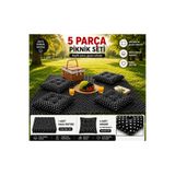 abidehanım Pufia Premium Siyah 5 Parça Piknik Seti | 160x160 Masa Örtüsü + 4 Punterizli Minder | Akfil Pamuk Kumaş