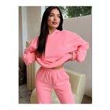 abitso Pembe Kadın Oversize Geniş 3 Iplik Polarlı Şardonlu %100 Pamuk Kapüşonlu Eşofman Takımı