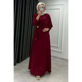 Abiye Diyarı Hüma Taşlı Broşlu Beg Saten Kumaş Tesettür Abiye- Bordo
