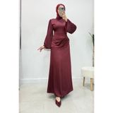 Abiye Diyarı Sahra Taş Püsküllü Saten Kumaş Tesettür Abiye- Bordo