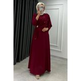 Abiye Diyarı Zahide Taşlı Broşlu Krep Kumaş Tesettür Abiye- Bordo