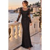 abiye pazarı Noir Signature Transparan Detaylı Uzun Kollu Balık Abiye Elbise